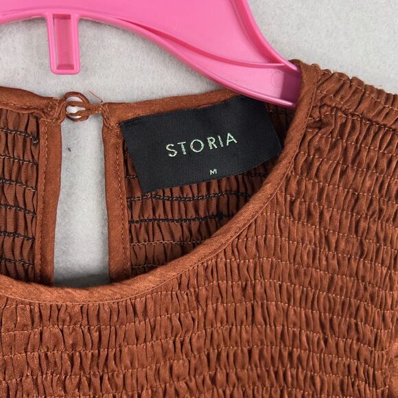 Storia Dress Womens Medium Brown Cold Shoulder Ruffle Smocked Boho Babydoll Y2K - Picture 5 of 13